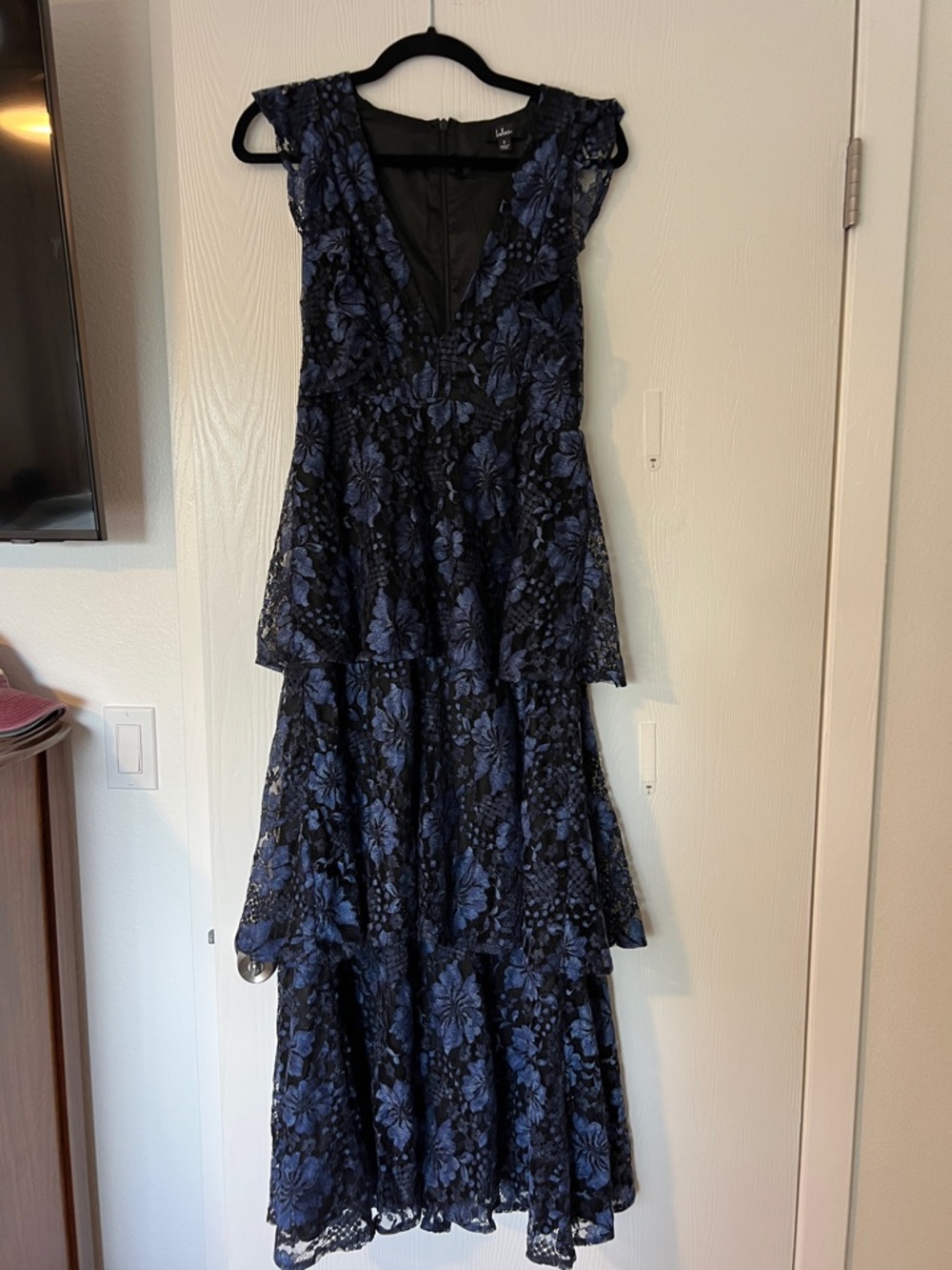 Lulu's Molinetto Navy Blue Lace Ruffled Tiered Sleeveless Maxi Dress